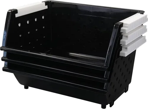Vista 7 de Paquete de 3 cestas organizadoras apilables de plástico, cesta de almacenamiento apilable, color negro