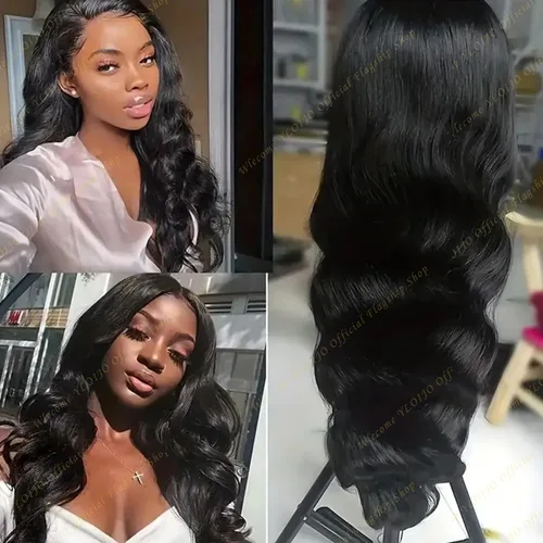 Vista 2 de Pelucas de cabello humano sintético artificial, previamente despuntadas, sin pegamento, pelucas frontales onduladas, emulación de alta densidad