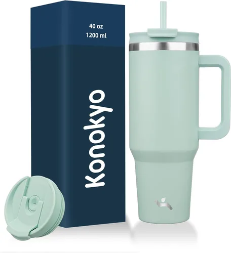 Vista 15 de Konokyo Vaso de 30 onzas con asa y 2 popotes, botella de agua aislada con tapa 2 en 1, taza de café de viaje de acero inoxidable, verde militar