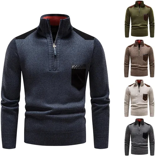 Vista 3 de Suéter de Cuello Alto con cremallera de un cuarto para Hombre, Sudadera clásica canalé, suéter informal Punto