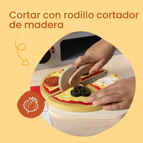 Vista 4 de Melissa & Doug - Juego de pizza de madera Top & Bake con comida de juguete (41 piezas) Juguete de preescolar, juego de comida de madera