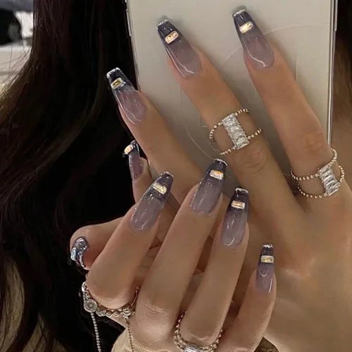 Vista 23 de Uñas postizas francesas largas a presión, uñas postizas mate, uñas postizas de ataúd, uñas acrílicas con graffiti negro, para mujeres y niñas, 24
