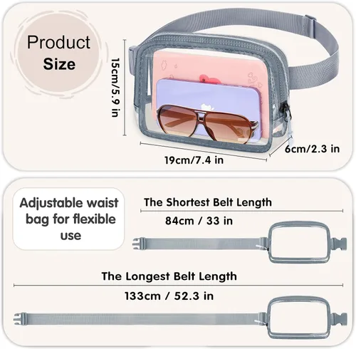 Vista 6 de Riñonera transparente aprobada para estadios, bolsa de cinturón transparente, cangurera transparente para mujeres y hombres con correa ajustable