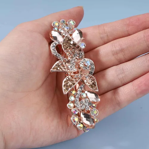 Vista 4 de Pasador de pelo de cristal con flor dorada con diamantes de imitación para el cabello, accesorios para el cabello de novia para mujeres y niñas