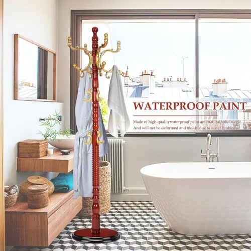 Vista 7 de Perchero de madera independiente, soporte de árbol de abrigos naturales con 14 ganchos, 73 pulgadas resistente y fácil de montar para entrada