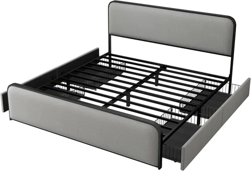Vista 147 de SOFTSEA Cama de plataforma tapizada tamaño Queen con cajón de almacenamiento, marco de cama tapizado con cabecera con respaldo de alas, soporte