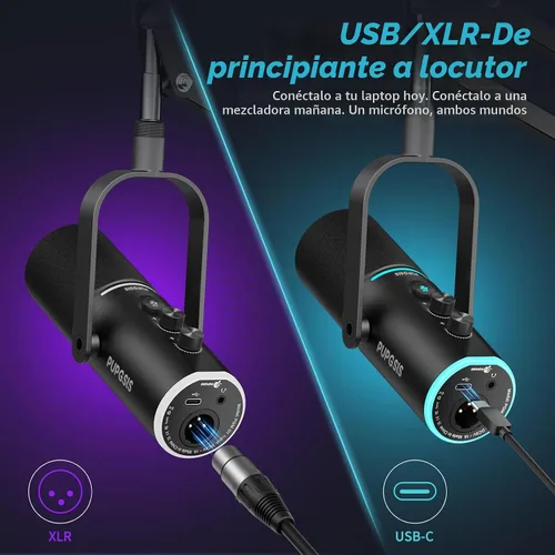 Vista 5 de PUPGSIS - Micrófono de podcast XLR/USB, micrófono para juegos con botón de silencio, efectos de reverberación, cancelación de ruido, soporte