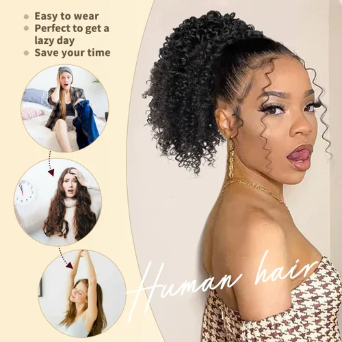 Vista 6 de isheeny Cola de caballo de cabello humano con cordón para mujeres negras, extensión de cabello humano rizado 4C, 8 pulgadas, aspecto natural, añade