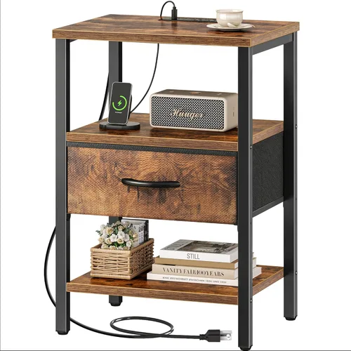 Vista 19 de SUPERJARE - Juego de 2 mesitas de noche con base de carga, cajón de tela ajustable, mesita de noche para dormitorio, de 3 niveles, para sala