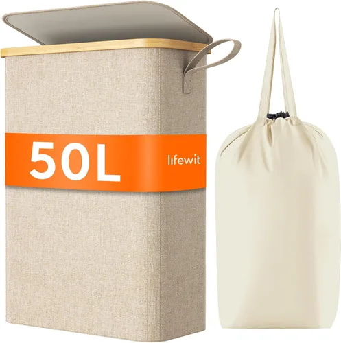 Vista 24 de Lifewit Cesta de lavandería delgada de 50 litros con tapa, cesta estrecha para la ropa sucia con bolsa extraíble y asas de bambú, canasta plegable