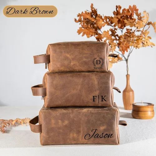 Vista 7 de Personalized Hand Crafted Leather Toiletry Bag for Men, Shaving Bags, Travel Pouch, Engraved Monogrammed Leather Dopp Kit, Toiletries, Grandpa