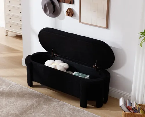 Vista 3 de Kmax Banco Otomán de Almacenamiento de 50", Banco de Entrada Moderno de Piel Sintética Bouclé, Banco Tapizado Cómodo al Pie de la Cama para Pasillo