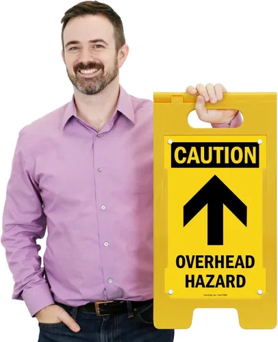 Vista 2 de SmartSign Letrero plegable con flecha ascendente "Caution - Overhead Hazard", plástico de 25 x 12 pulgadas