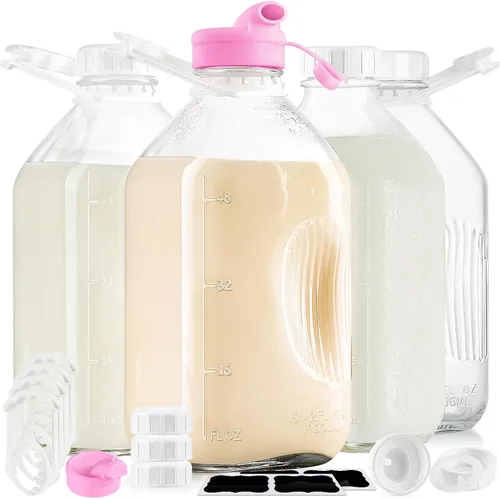 Vista 8 de Paquete de 2 botellas de leche de vidrio de 1/2 galón con tapa hermética de tornillo y asa y 2 boquillas, botellas de agua de vidrio resistentes