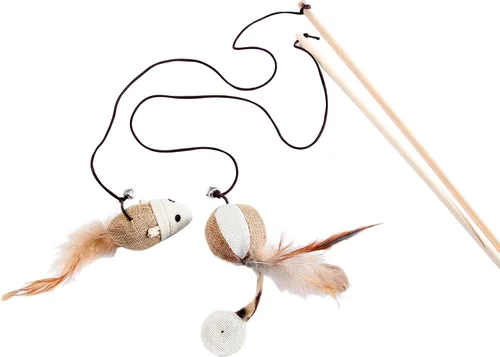 Cat Teaser - Juego de juguetes para gatos y gatitos, varita de sisal natural con ratón, campana, pluma, cuerda elástica y varilla de madera