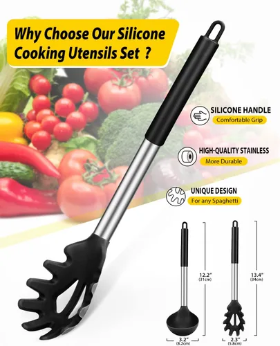 Vista 2 de Set de tenedor de pasta y cucharón de silicona, utensilios de cocina grandes antiadherentes para cocinar, remover, servir espaguetis, sopa, salsa
