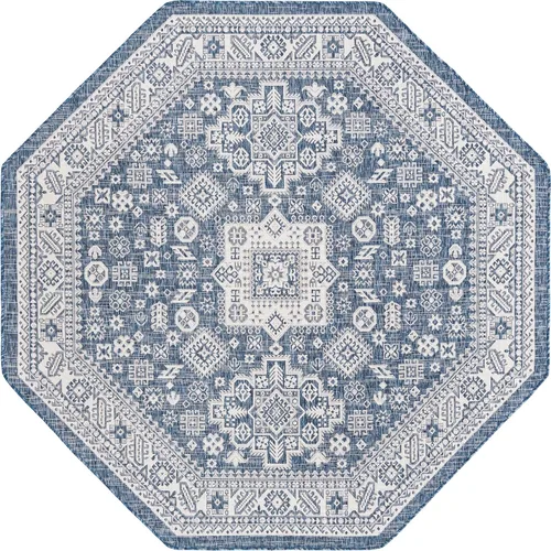 Vista 3 de Unique Loom Outdoor Aztec Collection Alfombra de área, Chalca (7 pies 10 pulgadas, octágono, azul/marfil)