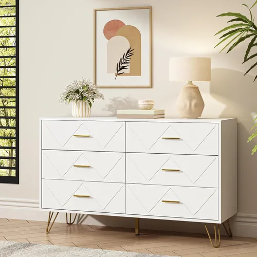 Vista 17 de Cómoda de 7 cajones para dormitorio, color blanco con patas y asas doradas, cómoda de madera, cómoda moderna para sala de estar, pasillo, guardería