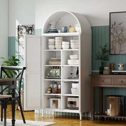 Vista 2 de Armario de despensa de cocina arqueado con 6 estantes ajustables, gabinete arqueado de metal blanco con 2 puertas para cocina, sala de estar