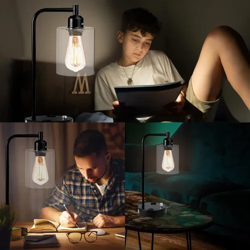Vista 6 de Juego de 2 lámparas de mesa industriales con puerto USB A+C y salida de CA, lámparas de noche regulables continuas, lámpara de mesita de noche