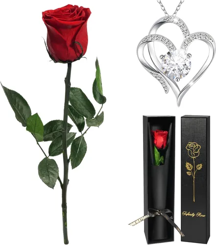 Vista 9 de Yamonic Regalos de cumpleaños de rosas para mujer, rosa real eterna con collar de corazón, regalos para mamá abuela, flores preservadas con tallo