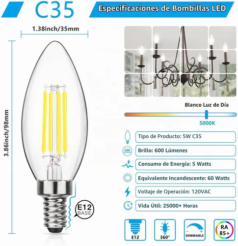 Vista 2 de MAXvolador, bombillas LED regulables E12 candelabro clásico, equivalentes a 60 W, luz blanca diurna de 5000 K, bombilla LED de araña de 600 lm