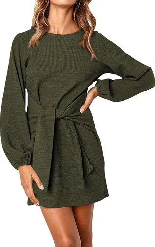 PRETTYGARDEN - Vestido corto y elegante de fiesta para mujer, vestido con cuello redondo, manga larga tipo farol, tejido de punto y detalle de