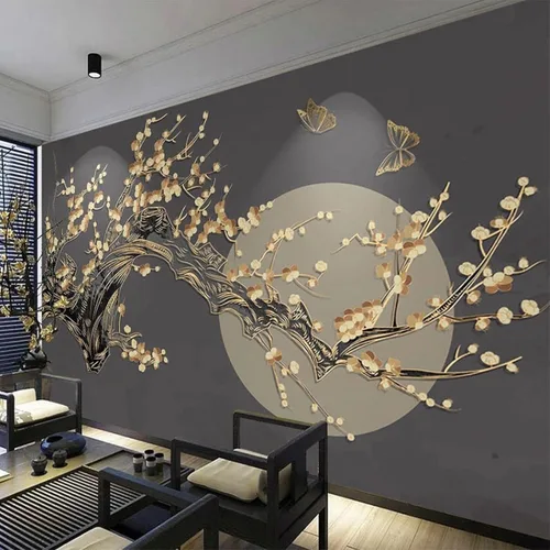 Vista 23 de Mural de pared de flores abstractas, arte moderno, papel tapiz autoadhesivo extraíble grande, para sala de estar, decoración de pared de sala