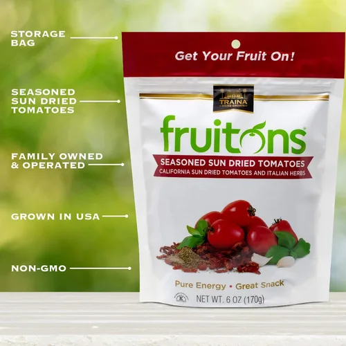 Vista 3 de Traina Home Grown Fruitons - Tomates secos al sol de California sazonados y hierbas italianas, sin azúcar añadido, sin OMG, sin gluten, certificado