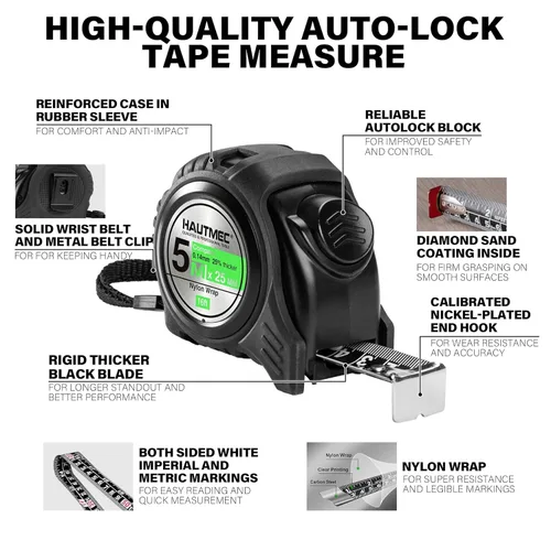 Vista 2 de HAUTMEC Cinta métrica métrica de doble escala de 16 pies/16.4 ft, bloqueo automático con hoja recubierta de nailon y funda de goma