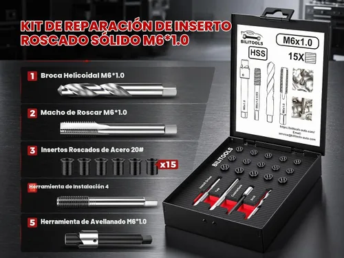 Vista 2 de BILITOOLS Kit de reparación de rosca M6 x 1.0 con inserto de buje sólido