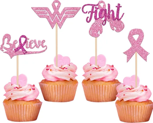 24 piezas de adornos para cupcakes con purpurina para concientización sobre el cáncer de mama, cinta rosa con purpurina, para lucha contra el