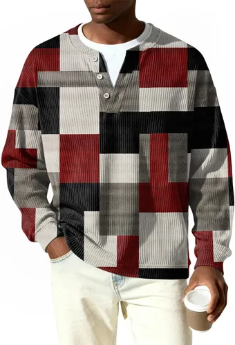 Vista 3 de Camisetas tipo polo de manga larga para hombre, con botones, a rayas, divertidas, de punto, con bolsillo