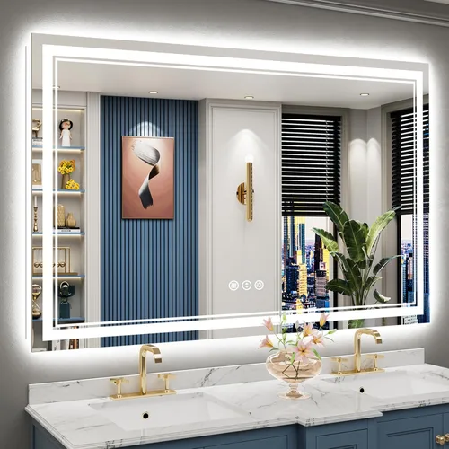 Vista 19 de Espejo de baño LED de 48 x 30 pulgadas con luces, retroiluminado + frontal iluminado, espejo de tocador con luz antiniebla para pared de baño con 3