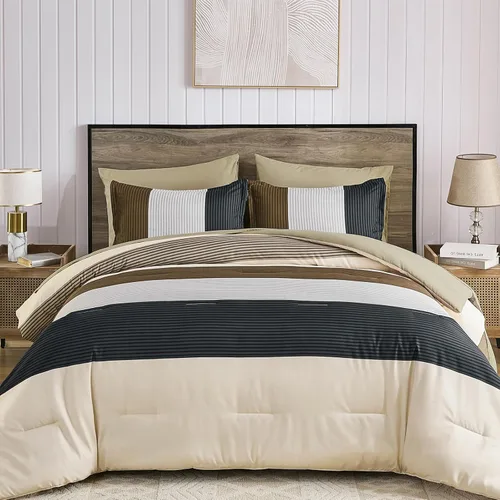 Vista 16 de Anibedding - Juego de 7 piezas cama en una bolsa, edredón negro y gris tamaño full, juego de edredón de microfibra a rayas ligeras para dormitorio