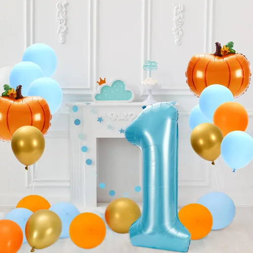 Vista 7 de Whaline 17 globos de calabaza para el primer cumpleaños, globos de calabaza número uno, globos azules, dorados, naranjas, para otoño, Acción