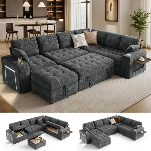 Vista 11 de Sofá modular modular de 86 pulgadas en forma de L, 5 asientos con cama Beige