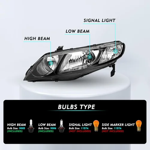 Vista 2 de TUSDAR Juego de montaje de faros delanteros compatible con Honda Civic Sedan 2006-2011 de 4 puertas con bombillas, carcasa negra y reflector