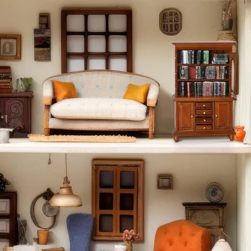 Vista 4 de Estantería de madera en miniatura de casa de muñecas a escala 1:12 con 48 libros en miniatura, mini libros pequeños para casa de muñecas, decoración