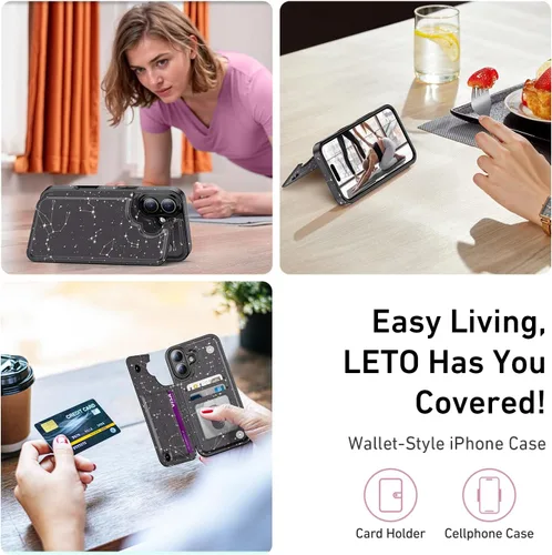 Vista 20 de LETO para iPhone 15 Pro Funda tipo cartera - Tapa tipo folio con patada - Diseños de moda - Tarjetero - Funda protectora para mujeres y niñas - 6.1