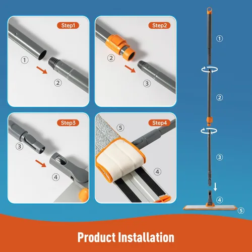 Vista 8 de CLEANHOME Trapeador de microfibra con mango largo extensible, trapeador plano con 4 almohadillas reutilizables y 1 limpiador para eliminar