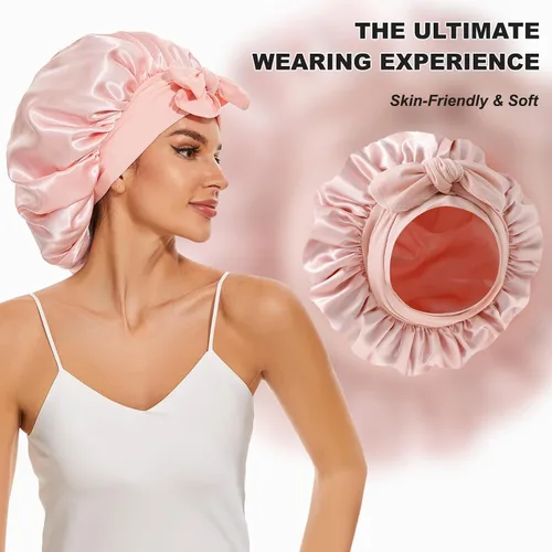 Vista 2 de Gorro de seda de satén para mujeres que duermen, gorro de satén extra de doble capa para dormir con banda de amarre ajustable, gorro de dormir