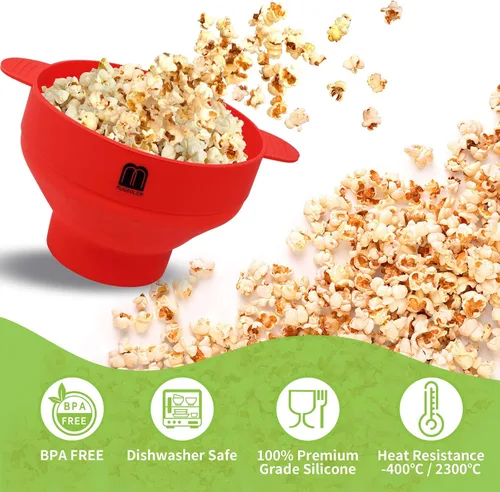 Vista 2 de MMUGOOLER - Máquina de palomitas de maíz de silicona para hacer palomitas de maíz para microondas, cuenco plegable con tapa, sin BPA y apto