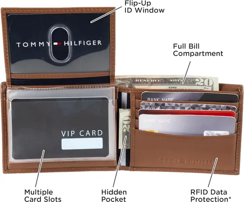 Vista 6 de Tommy Hilfiger Cartera de piel auténtica para hombre con ventana de identificación y múltiples ranuras para tarjetas