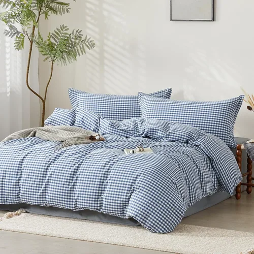 Vista 195 de SAPHREAS Juego de funda de edredón de algodón, tamaño King, a cuadros color gris oscuro y gris, geométrico, 3 piezas, 1 funda de edredón y 2 fundas