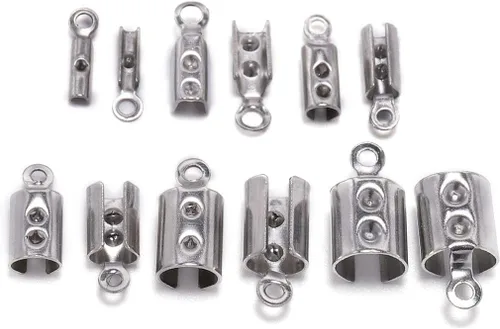 50 cordones de acero inoxidable para engarzar, tapas de cuentas de cuero con clip de cuero, conectores de pulsera para joyería (0.039 pulgadas)