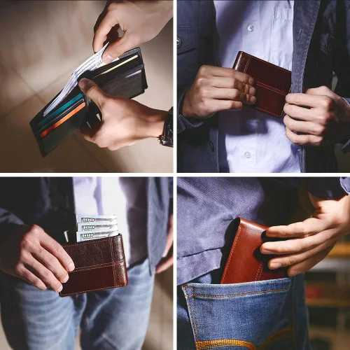 Vista 6 de Mens Wallet Slim Genuine Leather RFID Thin Bifold Wallets For Men Minimalist Front Pocket ID Window 12 Card Holders Gift Box