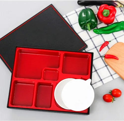 Vista 6 de Together-life Caja Bento japonesa, caja de almuerzo tradicional de sushi de 5 compartimentos, bandeja de plástico para servir aperitivos con tapa