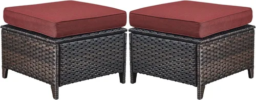 Vista 16 de Juego de 2 taburetes otomanos de mimbre de ratán para todo tipo de clima, con cojines suaves para muebles de patio