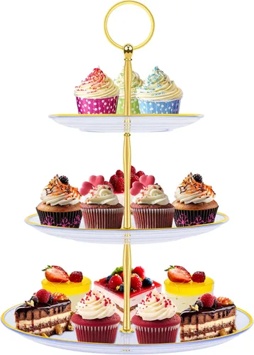 Vista 9 de PinCute - Soporte para magdalenas de 3 niveles, soporte de postre para cupcakes, bandeja de servir escalonada de plástico y varilla metálica